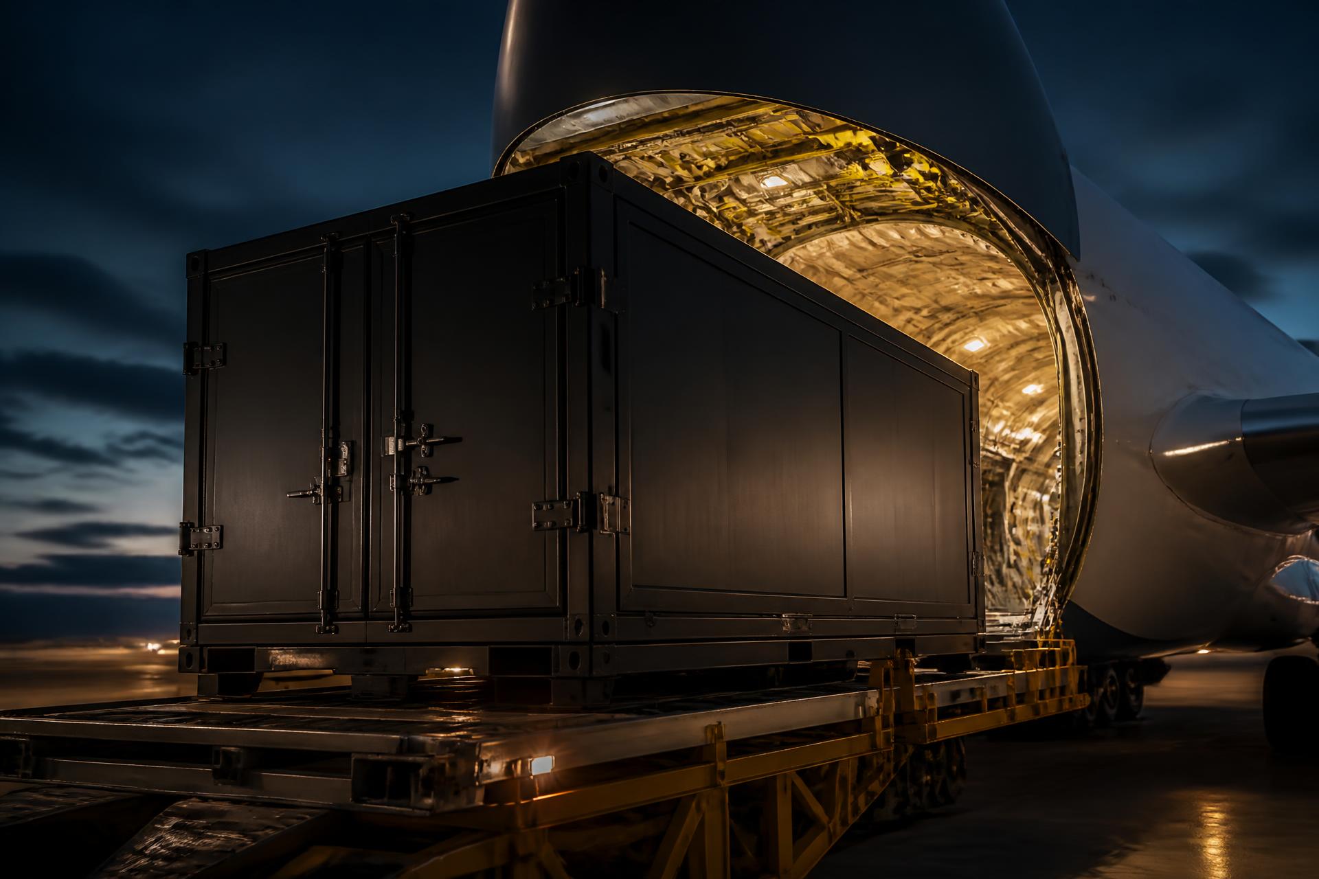 Secure high-value freight container being loaded at dusk